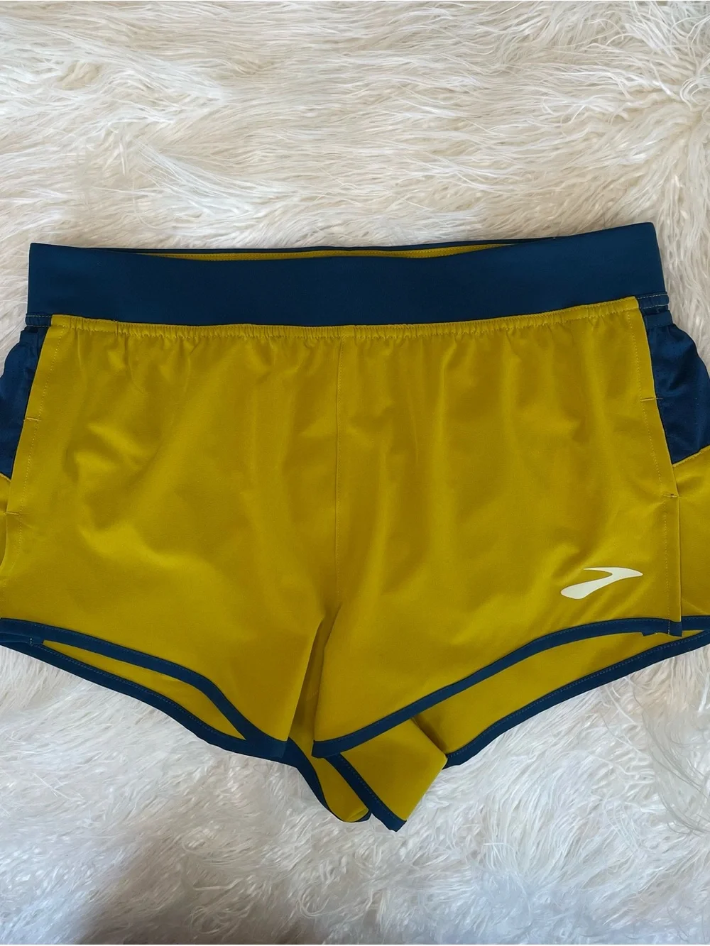 Brooks Men’s Mustard Yellow Running Shorts with Navy Accents